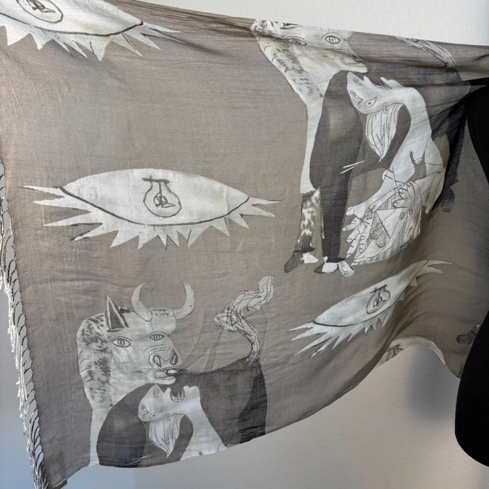 Picasso Guernica Print Scarf, Taupe Black Oversized Rectangle Silk Cotton Blend